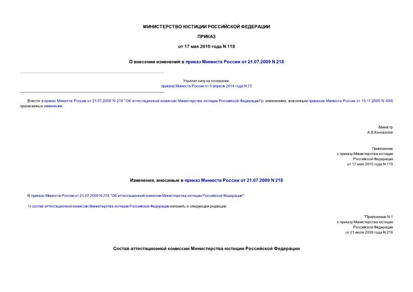 Приказ 119 О внесении изменений в Приказ Минюста России от 21.07.2009 N 218