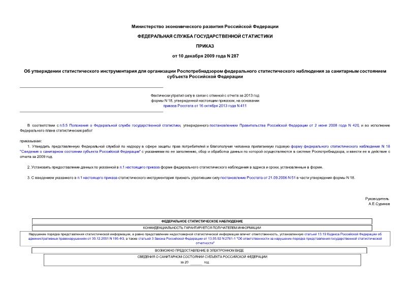 Приказ 287 Об утверждении статистического инструментария для организации Роспотребнадзором федерального статистического наблюдения за санитарным состоянием субъекта Российской Федерации