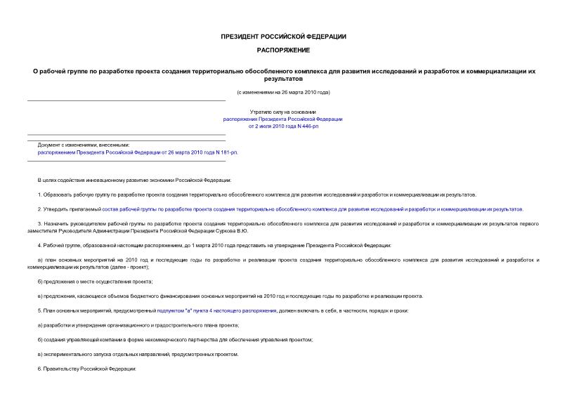 Распоряжение 889-рп О рабочей группе по разработке проекта создания территориально обособленного комплекса для развития исследований и разработок и коммерциализации их результатов