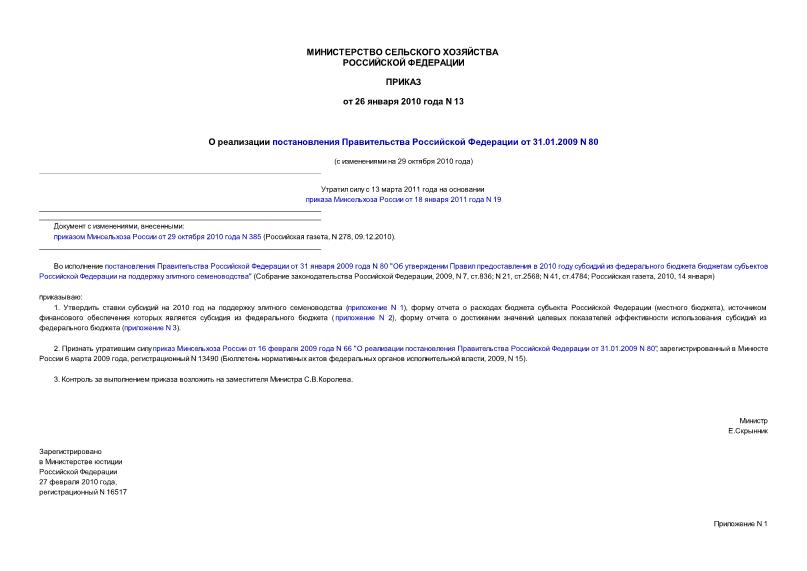 Приказ 13 О реализации постановления Правительства Российской Федерации от 31.01.2009 N 80