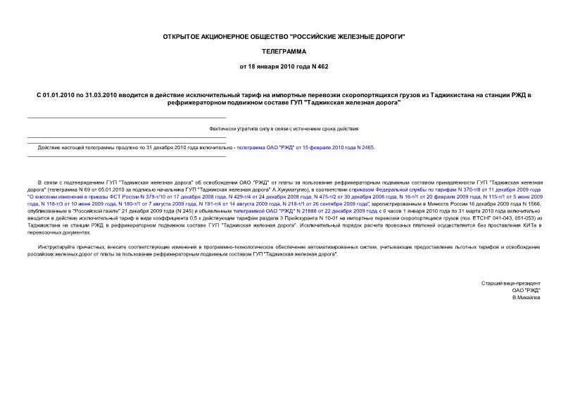 Телеграмма 462 С 01.01.2010 по 31.03.2010 вводится в действие исключительный тариф на импортные перевозки скоропортящихся грузов из Таджикистана на станции РЖД в рефрижераторном подвижном составе ГУП 