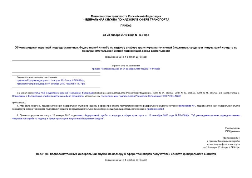Приказ ГК-61фс Об утверждении перечней подведомственных Федеральной службе по надзору в сфере транспорта получателей бюджетных средств и получателей средств по предпринимательской и иной приносящей доход деятельности
