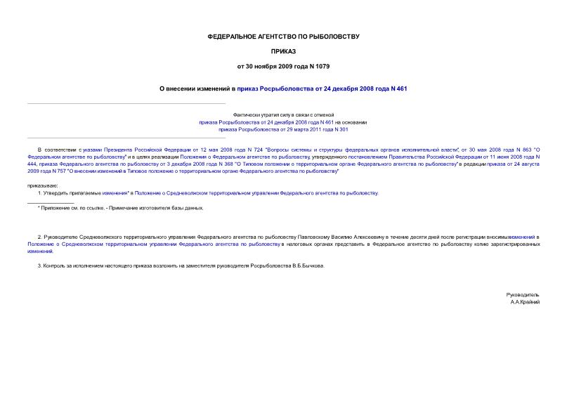 Приказ 1079 О внесении изменений в приказ Росрыболовства от 24 декабря 2008 года N 461