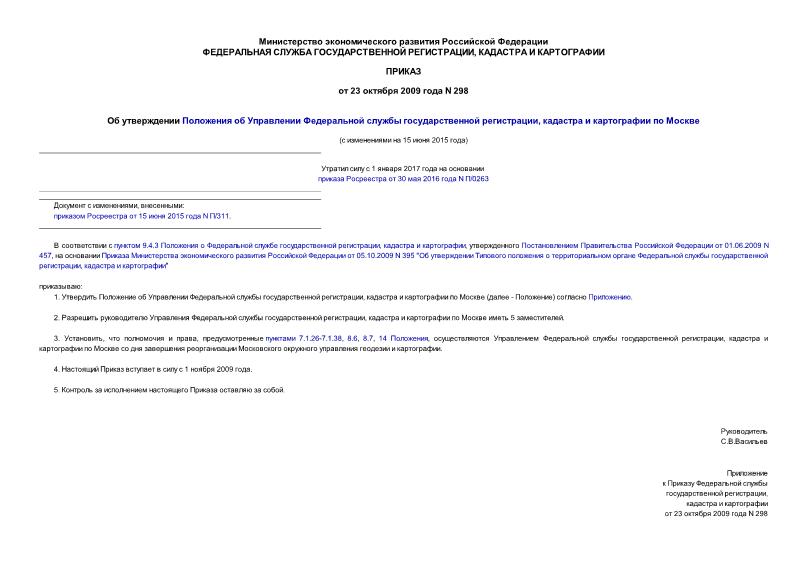 Приказ 298 Об утверждении Положения об Управлении Федеральной службы государственной регистрации, кадастра и картографии по Москве