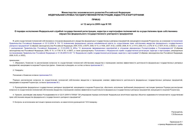 Приказ 195 О порядке исполнения Федеральной службой государственной регистрации, кадастра и картографии полномочий по осуществлению прав собственника имущества федерального государственного унитарного предприятия