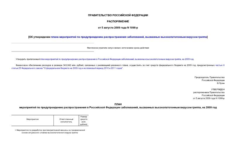 Распоряжение 1098-р Об утверждении плана мероприятий по предупреждению распространения заболеваний, вызванных высокопатогенным вирусом гриппа