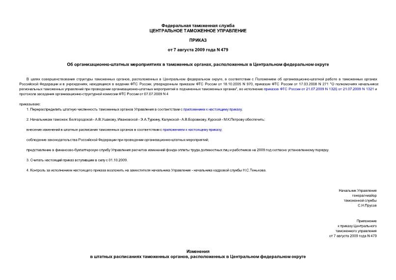 Приказ 479 Об организационно-штатных мероприятиях в таможенных органах, расположенных в Центральном федеральном округе
