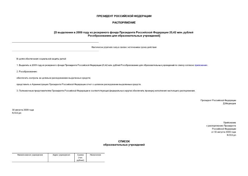 Распоряжение 553-рп О выделении в 2009 году из резервного фонда Президента Российской Федерации 25,42 млн. рублей Рособразованию для образовательных учреждений