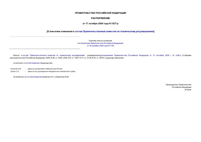 Распоряжение 1527-р О внесении изменений в состав Правительственной комиссии по техническому регулированию