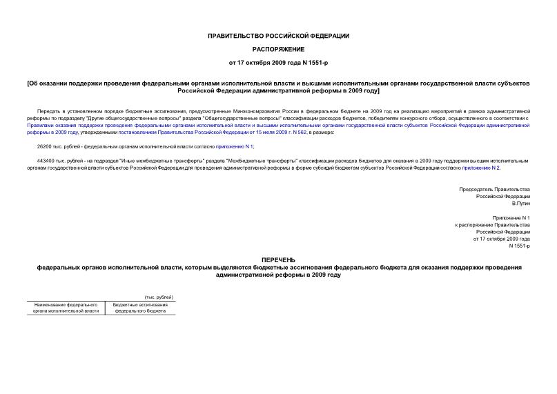 Распоряжение 1551-р Об оказании поддержки проведения федеральными органами исполнительной власти и высшими исполнительными органами государственной власти субъектов Российской Федерации административной реформы в 2009 году