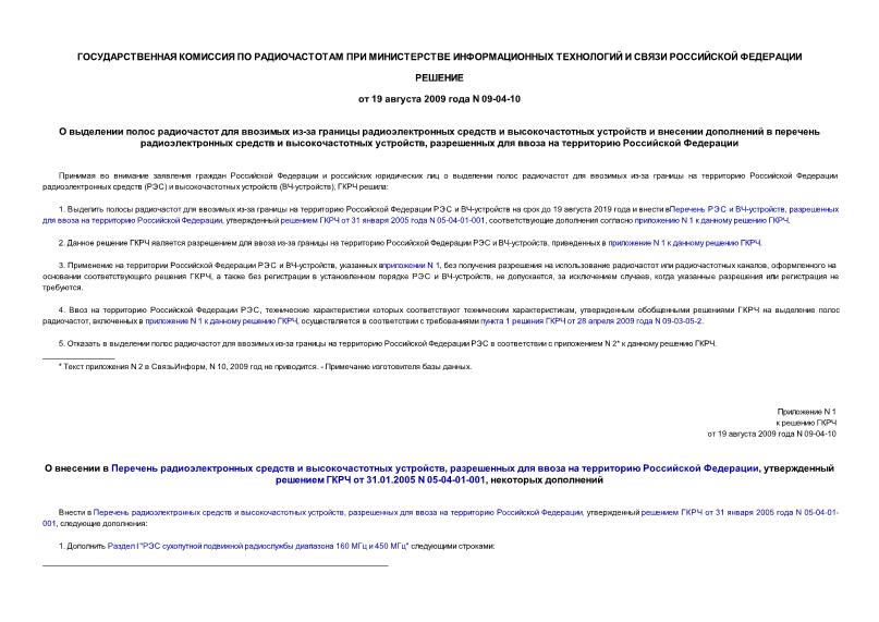 Решение 09-04-10 О выделении полос радиочастот для ввозимых из-за границы радиоэлектронных средств и высокочастотных устройств и внесении дополнений в перечень радиоэлектронных средств и высокочастотных устройств, разрешенных для ввоза на территорию Российской Федерации