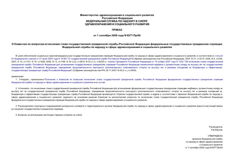 Приказ 6977-Пр/09 О Комиссии по вопросам исчисления стажа государственной гражданской службы Российской Федерации федеральных государственных гражданских служащих Федеральной службы по надзору в сфере здравоохранения и социального развития