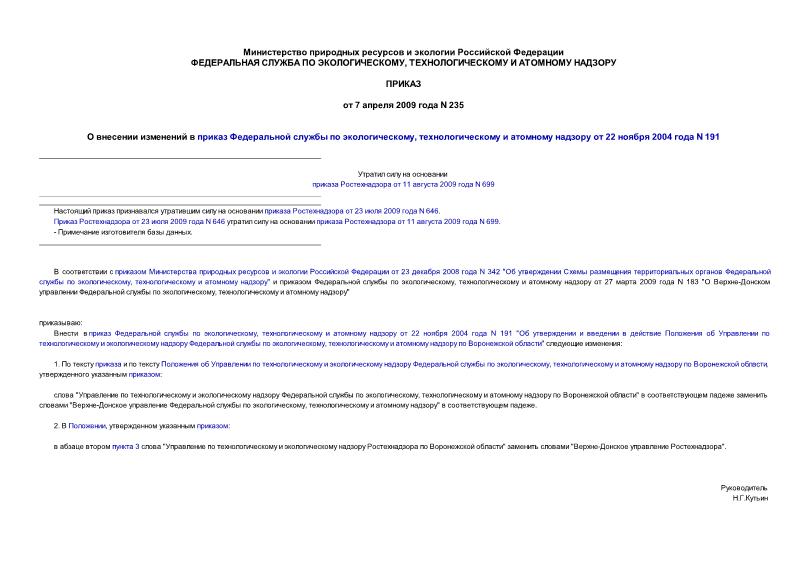 Приказ 235 О внесении изменений в приказ Федеральной службы по экологическому, технологическому и атомному надзору от 22 ноября 2004 года N 191