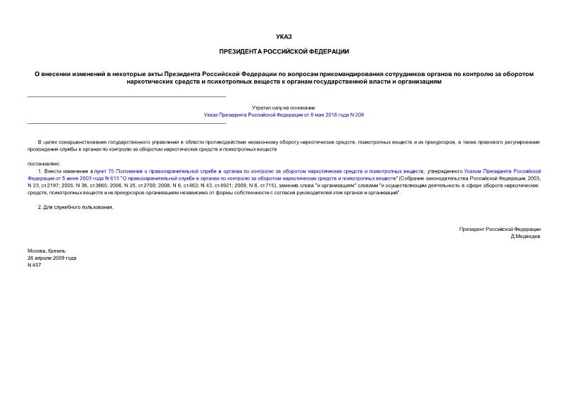 Указ 457 О внесении изменений в некоторые акты Президента Российской Федерации по вопросам прикомандирования сотрудников органов по контролю за оборотом наркотических средств и психотропных веществ к органам государственной власти и организациям