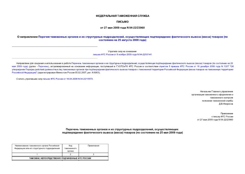 Письмо 04-22/23960 О направлении Перечня таможенных органов и их структурных подразделений, осуществляющих подтверждение фактического вывоза (ввоза) товаров (по состоянию на 25 августа 2008 года)