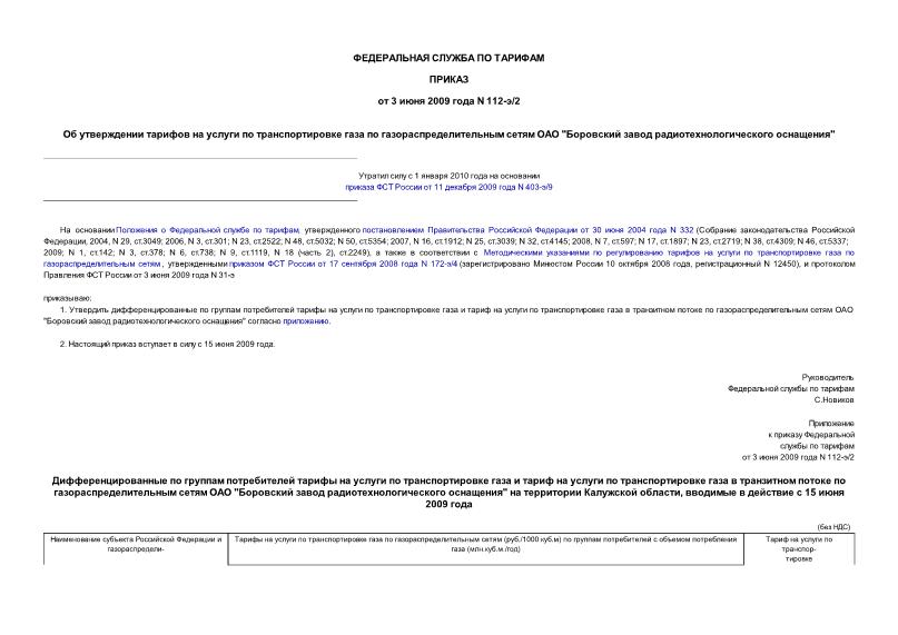 Приказ 112-э/2 Об утверждении тарифов на услуги по транспортировке газа по газораспределительным сетям ОАО 