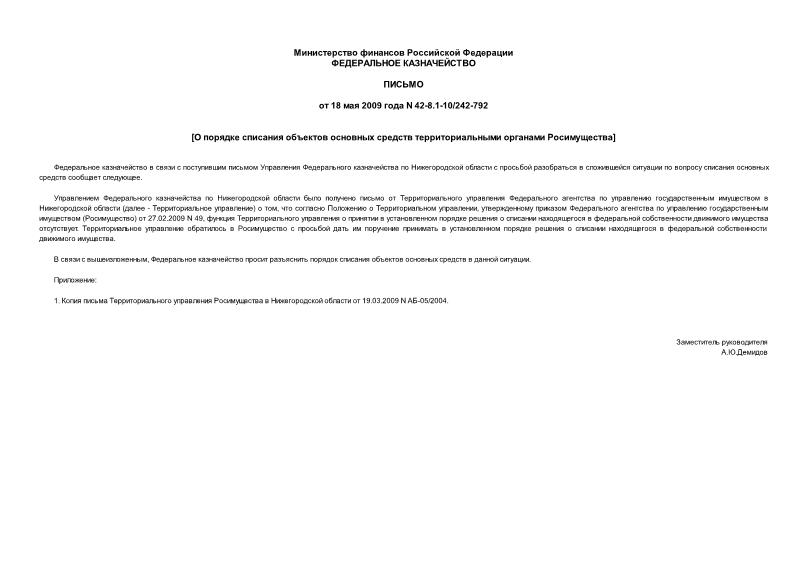 Письмо 42-8.1-10/242-792 О порядке списания объектов основных средств территориальными органами Росимущества