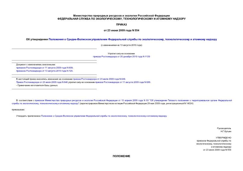Приказ 554 Об утверждении Положения о Средне-Волжском управлении Федеральной службы по экологическому, технологическому и атомному надзору