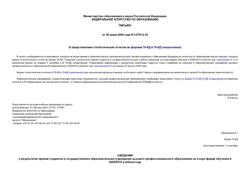 Письмо 1270/12-16 О представлении статистических отчетов по формам 76-КД и 76-КД (оперативная)