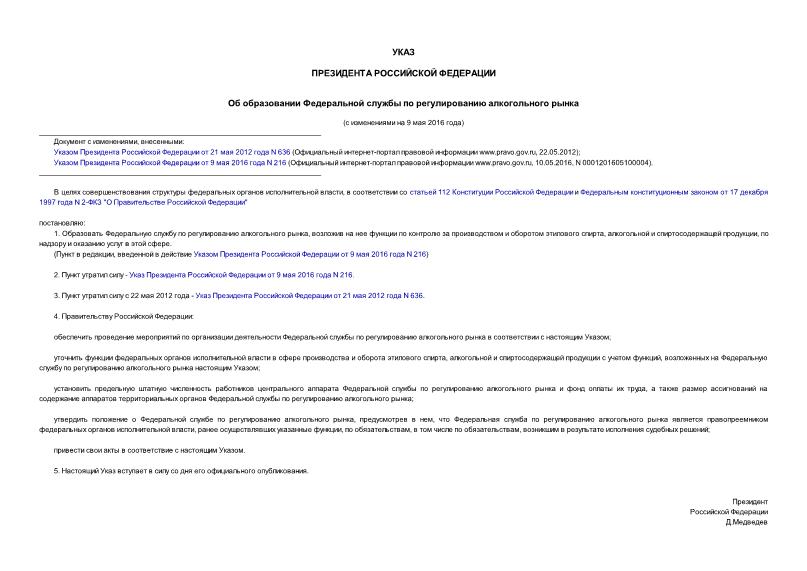 Указ 1883 Об образовании Федеральной службы по регулированию алкогольного рынка