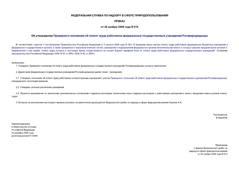 Приказ 510 Об утверждении Примерного положения об оплате труда работников федеральных государственных учреждений Росприроднадзора