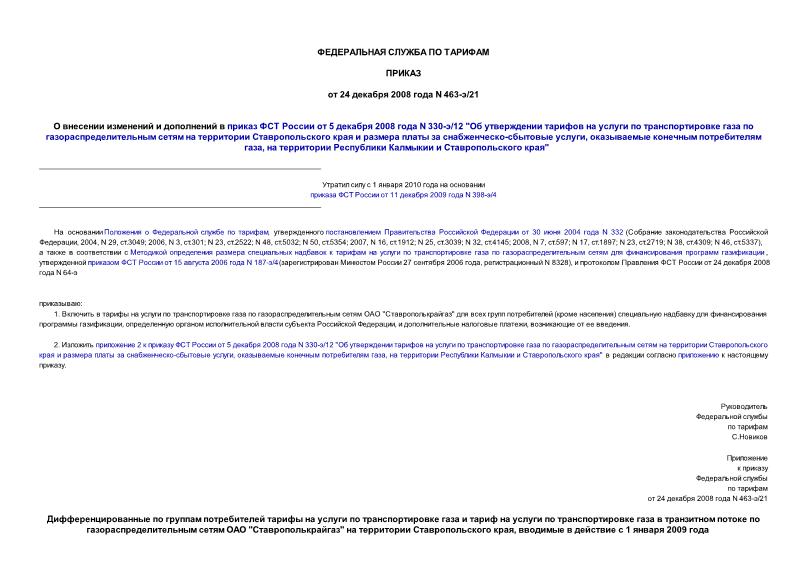 Приказ 463-э/21 О внесении изменений и дополнений в приказ ФСТ России от 5 декабря 2008 года N 330-э/12 