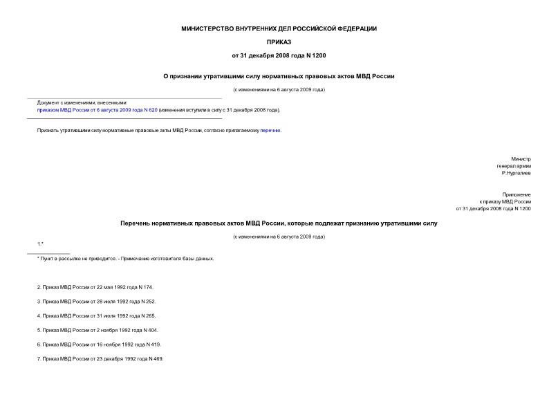 Приказ 1200 О признании утратившими силу нормативных правовых актов МВД России