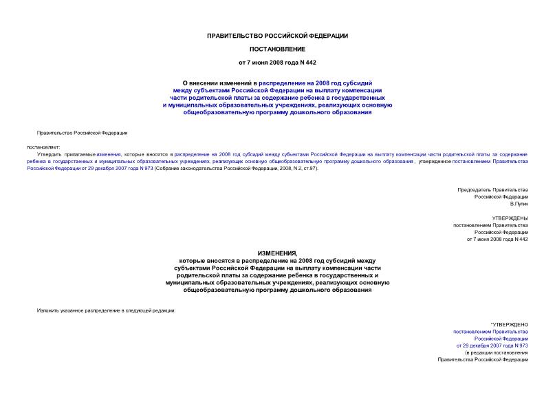 Постановление 442 О внесении изменений в распределение на 2008 год субсидий между субъектами Российской Федерации на выплату компенсации части родительской платы за содержание ребенка в государственных и муниципальных образовательных учреждениях, реализующих основную общеобразовательную программу дошкольного образования
