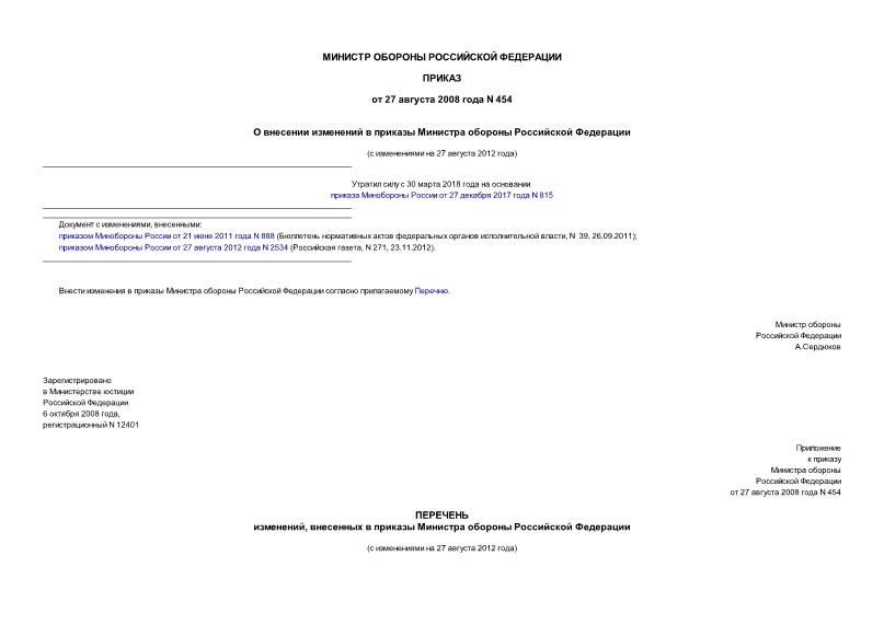 Приказ 454 О внесении изменений в приказы Министра обороны Российской Федерации