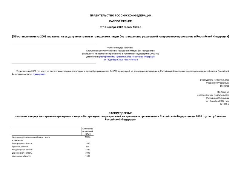 Распоряжение 1636-р Об установлении на 2008 год квоты на выдачу иностранным гражданам и лицам без гражданства разрешений на временное проживание в Российской Федерации