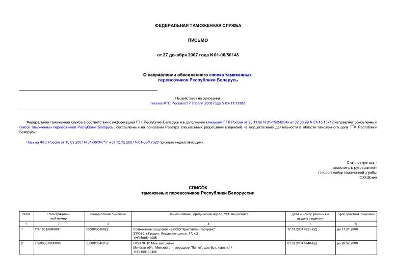 Письмо 01-06/50148 О направлении обновленного списка таможенных перевозчиков Республики Беларусь