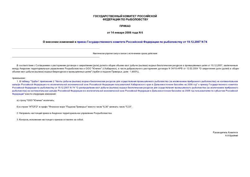 Приказ 6 О внесении изменений в приказ Государственного комитета Российской Федерации по рыболовству от 19.12.2007 N 74