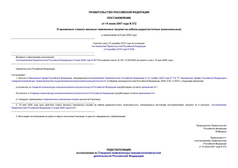Постановление 372 О временных ставках ввозных таможенных пошлин на кабели радиочастотные (коаксиальные)