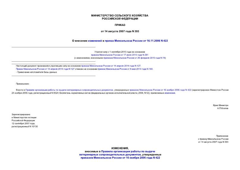 Приказ 393 О внесении изменений в приказ Минсельхоза России от 16.11.2006 N 422
