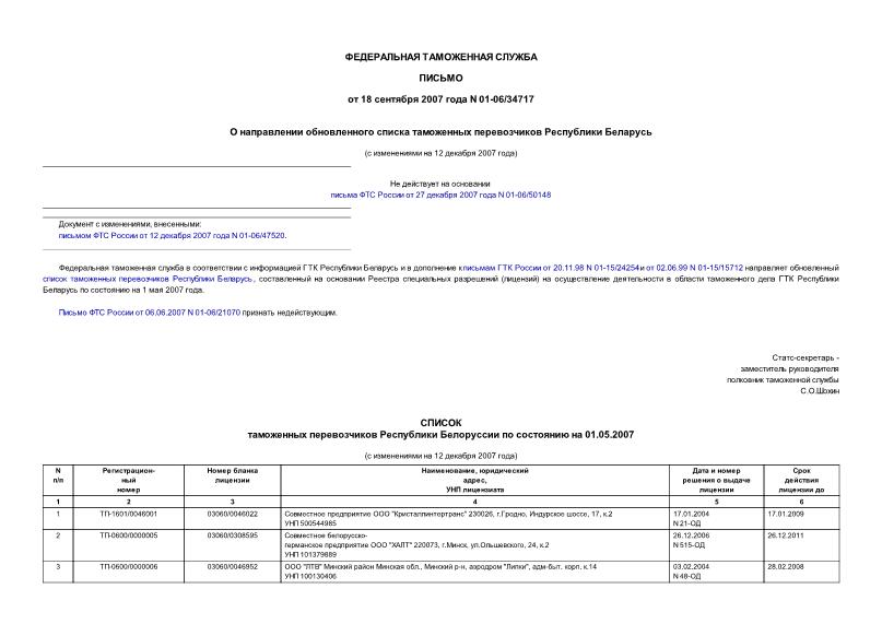 Письмо 01-06/34717 О направлении обновленного списка таможенных перевозчиков Республики Беларусь