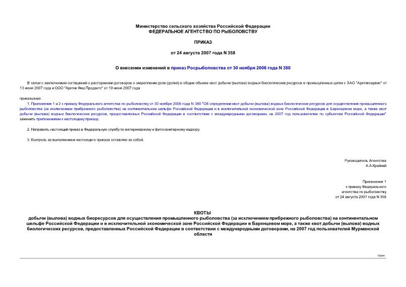 Приказ 358 О внесении изменений в приказ Росрыболовства от 30 ноября 2006 года N 380