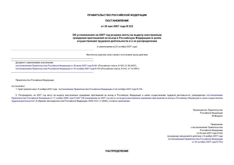 Постановление 322 Об установлении на 2007 год резерва квоты на выдачу иностранным гражданам приглашений на въезд в Российскую Федерацию в целях осуществления трудовой деятельности и о ее распределении