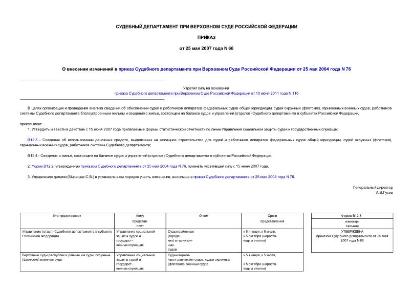 Приказ 66 О внесении изменений в приказ Судебного департамента при Верховном Суде Российской Федерации от 25 мая 2004 года N 76