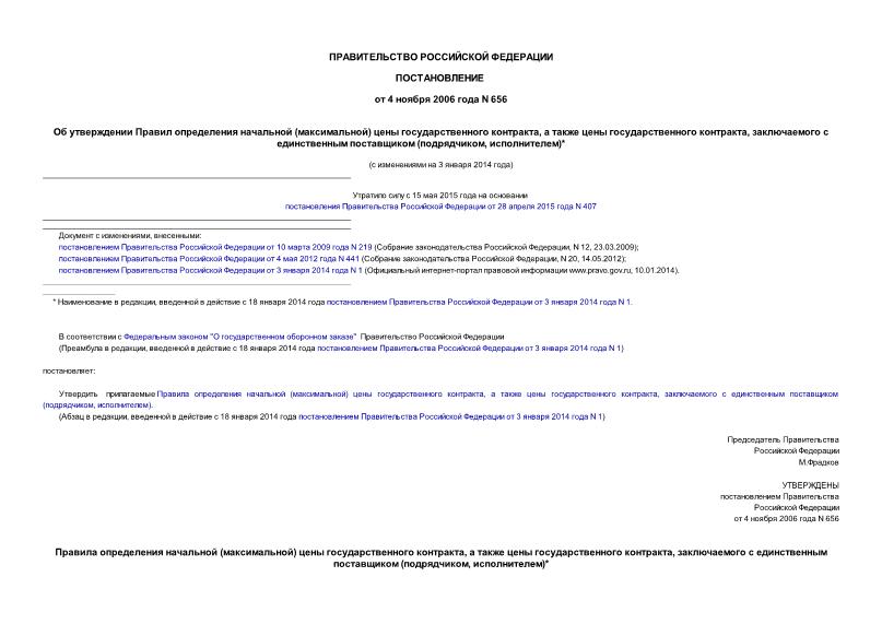 Постановление 656 Об утверждении Правил определения начальной (максимальной) цены государственного контракта, а также цены государственного контракта, заключаемого с единственным поставщиком (подрядчиком, исполнителем)