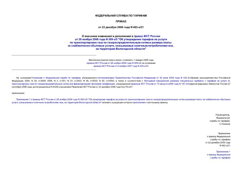 Приказ 462-э/21 О внесении изменений и дополнений в приказ ФСТ России от 28 ноября 2006 года N 309-э/5 