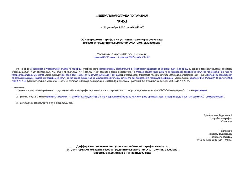 Приказ 448-э/5 Об утверждении тарифов на услуги по транспортировке газа по газораспределительным сетям ОАО 