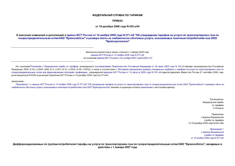 Приказ 435-э/44 О внесении изменений и дополнений в приказ ФСТ России от 14 ноября 2006 года N 271-э/6 
