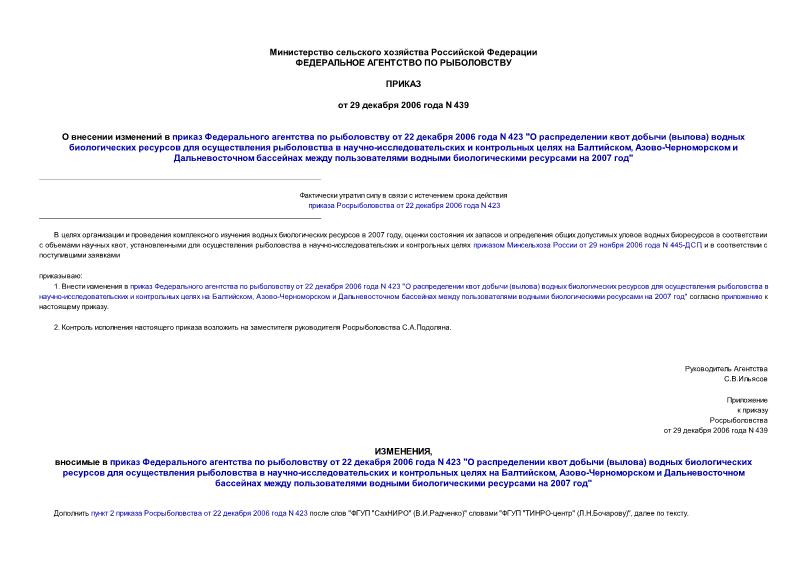 Приказ 439 О внесении изменений в приказ Федерального агентства по рыболовству от 22 декабря 2006 года N 423 