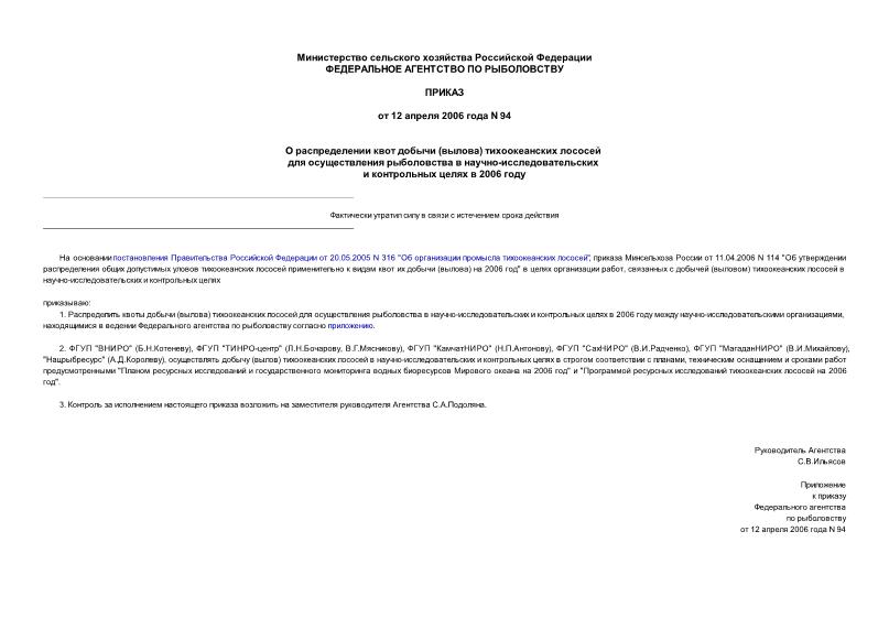 Приказ 94 О распределении квот добычи (вылова) тихоокеанских лососей для осуществления рыболовства в научно-исследовательских и контрольных целях в 2006 году