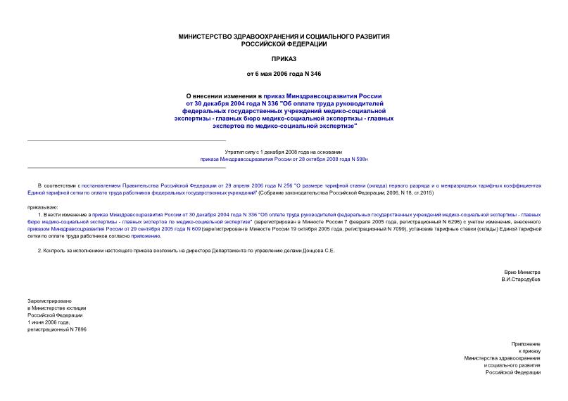 Приказ 346 О внесении изменения в приказ Минздравсоцразвития России от 30 декабря 2004 года N 336 