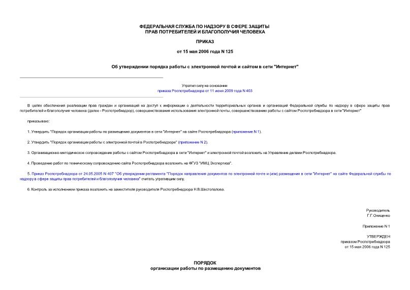 Приказ 125 Об утверждении порядка работы с электронной почтой и сайтом в сети 