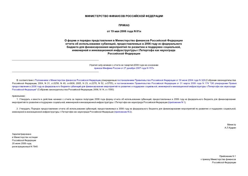 Приказ 81н О форме и порядке представления в Министерство финансов Российской Федерации отчета об использовании субвенций, предоставленных в 2006 году из федерального бюджета для финансирования мероприятий ...
