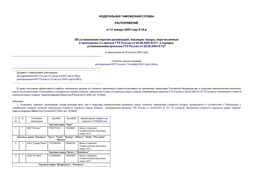 Распоряжение 34-р Об установлении перечня организаций, ввозящих товары, перечисленные в приложении 2 к приказу ГТК России от 04.08.2004 N 817, в порядке, установленном приказом ГТК России от 28.06.2004 N 727