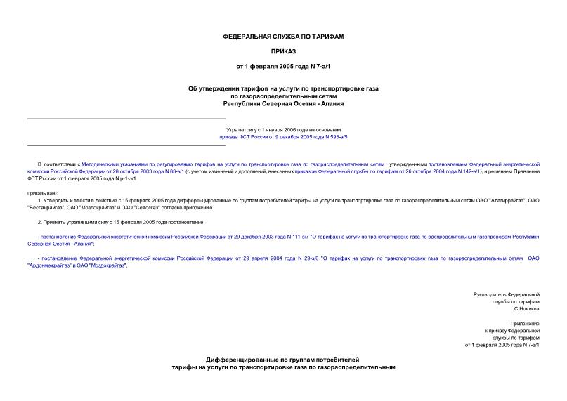 Приказ 7-э/1 Об утверждении тарифов на услуги по транспортировке газа по газораспределительным сетям Республики Северная Осетия - Алания