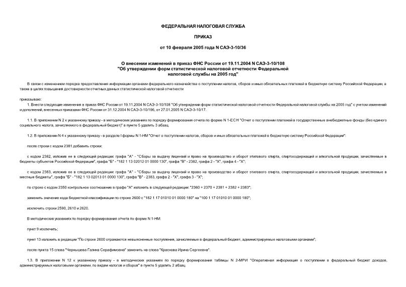 Приказ САЭ-3-10/36 О внесении изменений в приказ ФНС России от 19.11.2004 САЭ-3-10/108 